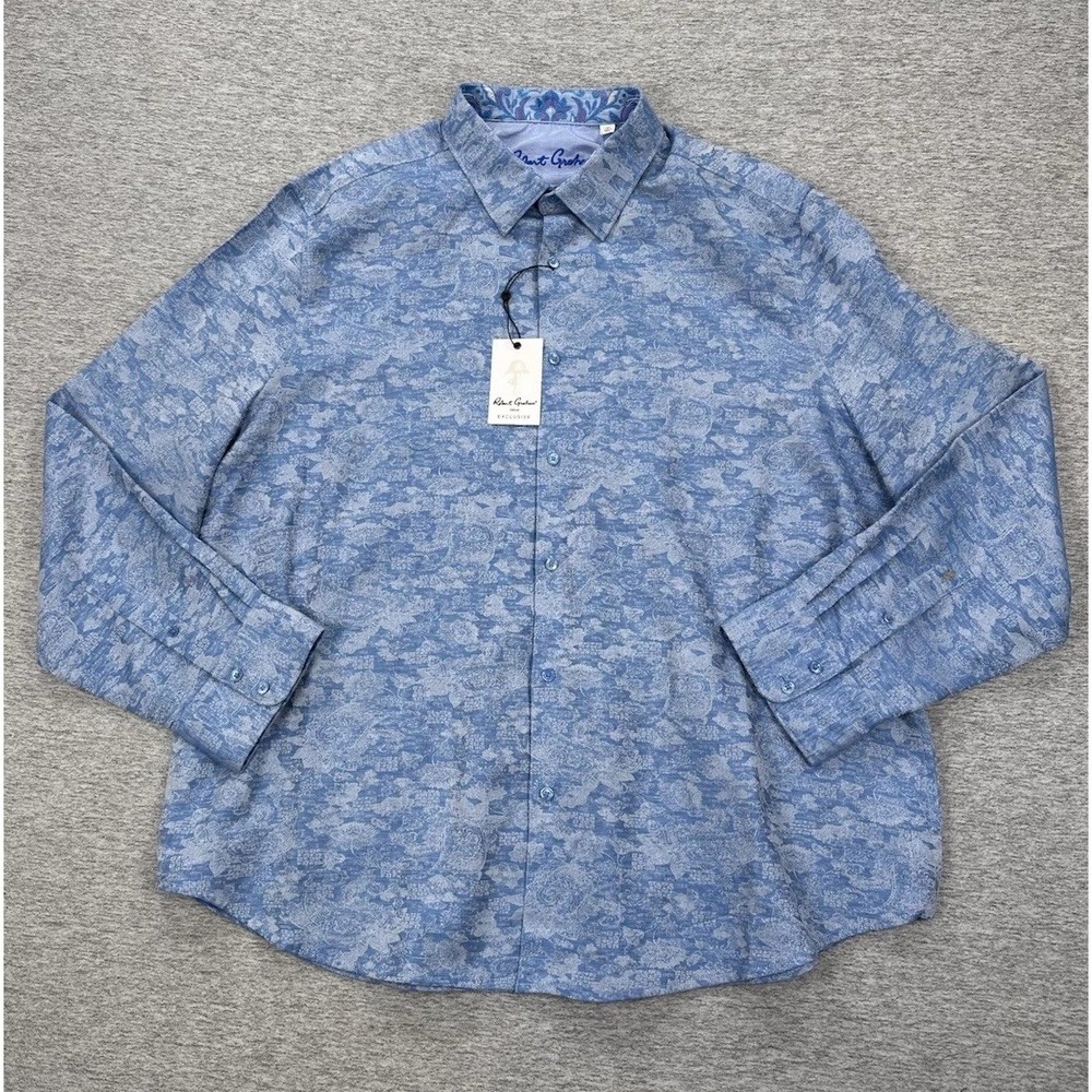Robert Graham Exclusive Blue Sarkis Linen Blend Button Down Shirt Sz L Flip Cuff